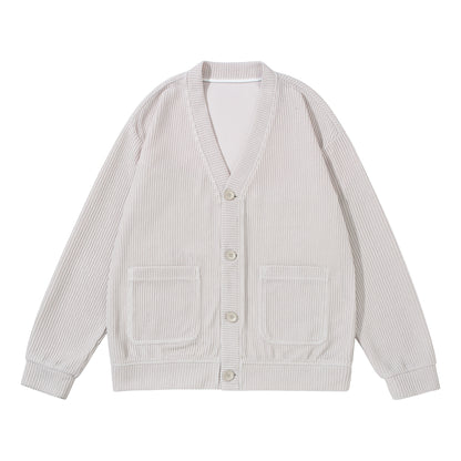Unisex Textured Button Cardigan with V-Neck and Patch Pockets EVA-US