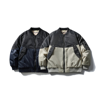 Unisex Short Cut Two-Tone Nylon Bomber Jacket with Utility Flap Pockets and Sleeve Zipper EVA-US