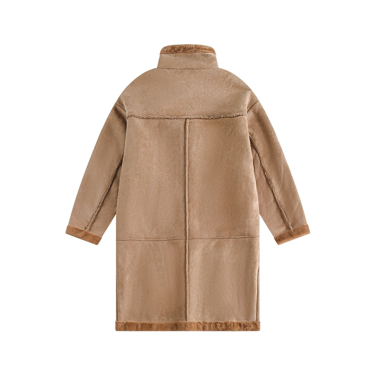 Women Long Oversize Sheepskin Imitation Coat with Stand-up Collar and Buckle Closure EVA-US