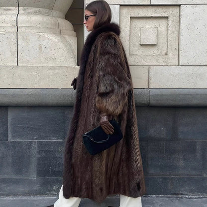 Women Luxurious Long Fur Coat with Wide Collar and Voluminous Sleeves EVA-US