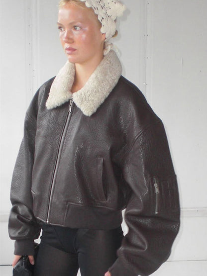 Women's oversized aviator jacket in biker-bomber style with teddy collar EVA-US