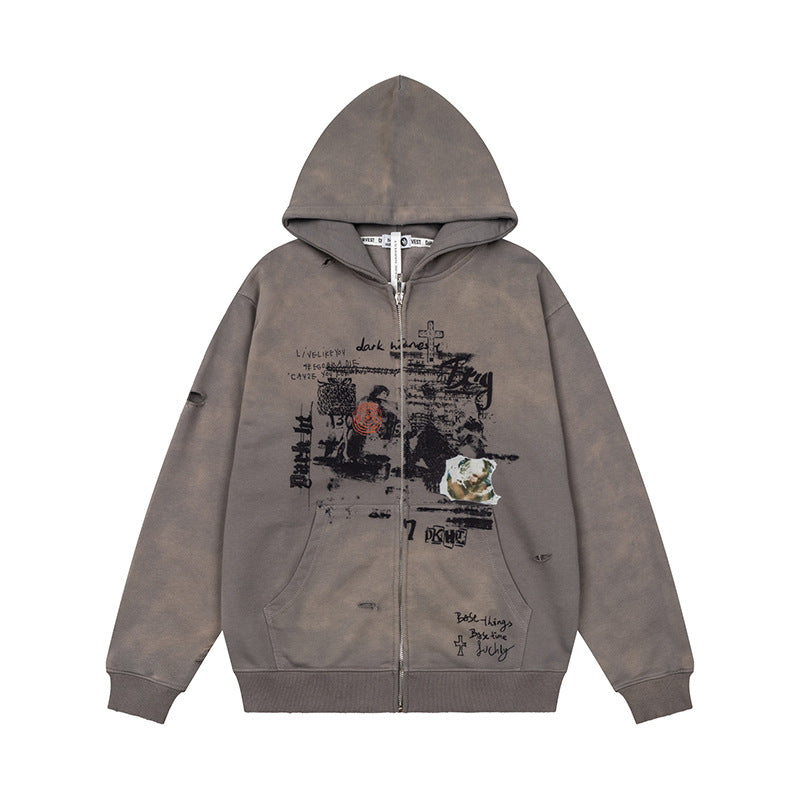 Unisex Oversize Hoodie with Zipper, Used Effect, Vintage Print and Kangaroo Pockets EVA-US
