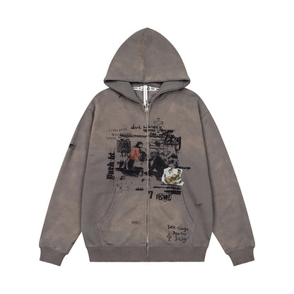 Unisex Oversize Hoodie with Zipper, Used Effect, Vintage Print and Kangaroo Pockets EVA-US