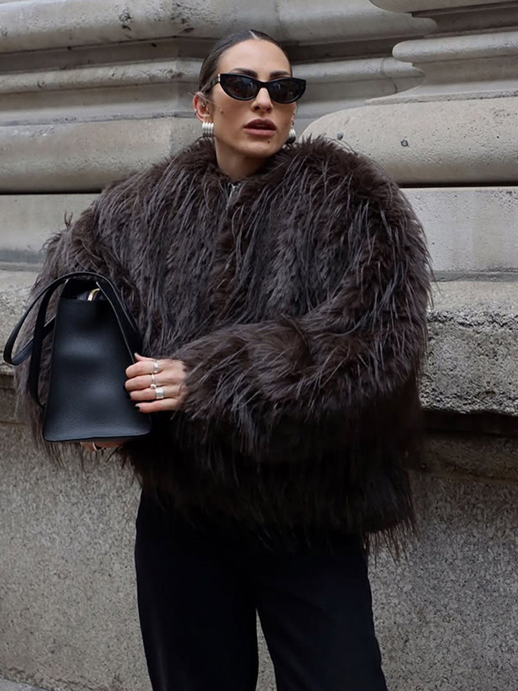 Ladies short jacket made of long-pile shaggy faux fur with hidden snap button placket EVA-US