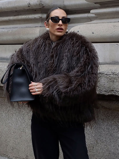 Ladies short jacket made of long-pile shaggy faux fur with hidden snap button placket EVA-US
