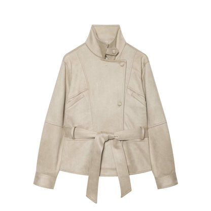 Women's tailored short jacket made of soft suede imitation with asymmetrical button placket and tie belt EVA-US