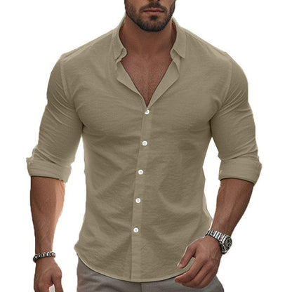 Men's fitted stretch shirt with stand-up collar, slim fit and rolled-up sleeves EVA-US