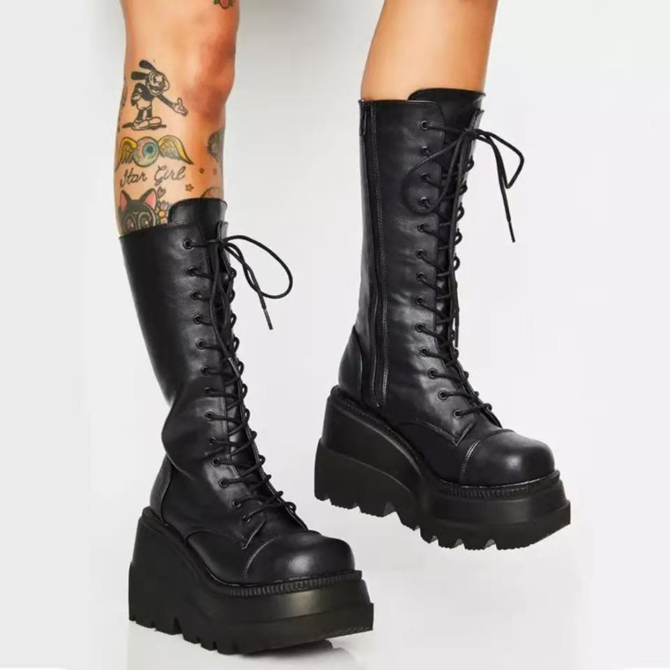 Women High-Quality Lace-Up Boots with Platform Heel and Side Zipper