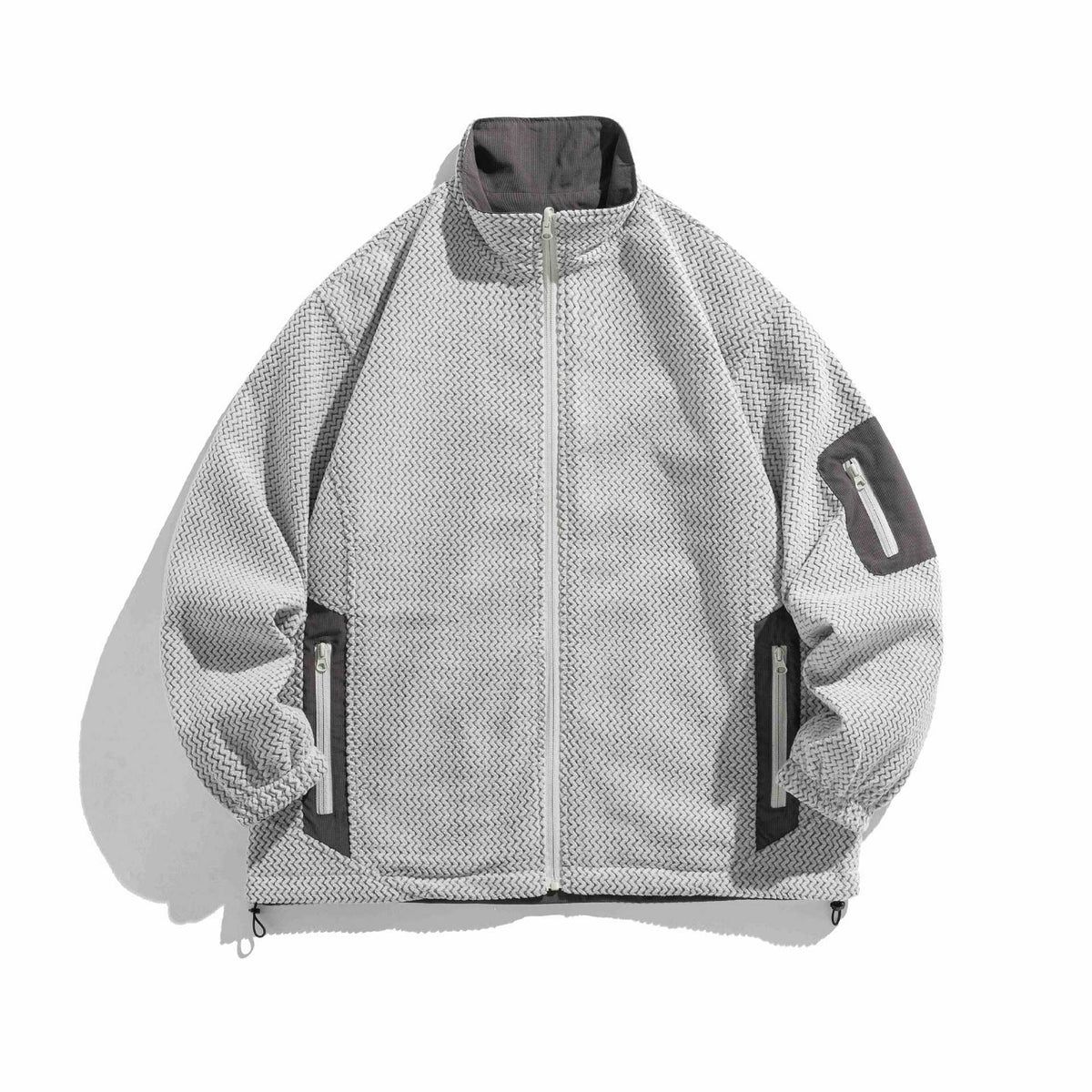 Unisex structure fleece jacket with high stand-up collar, zip pockets and drawstring hem EVA-US