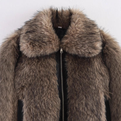 Women's short-cut faux fur bomber jacket with zipper and ribbed cuffs EVA-US
