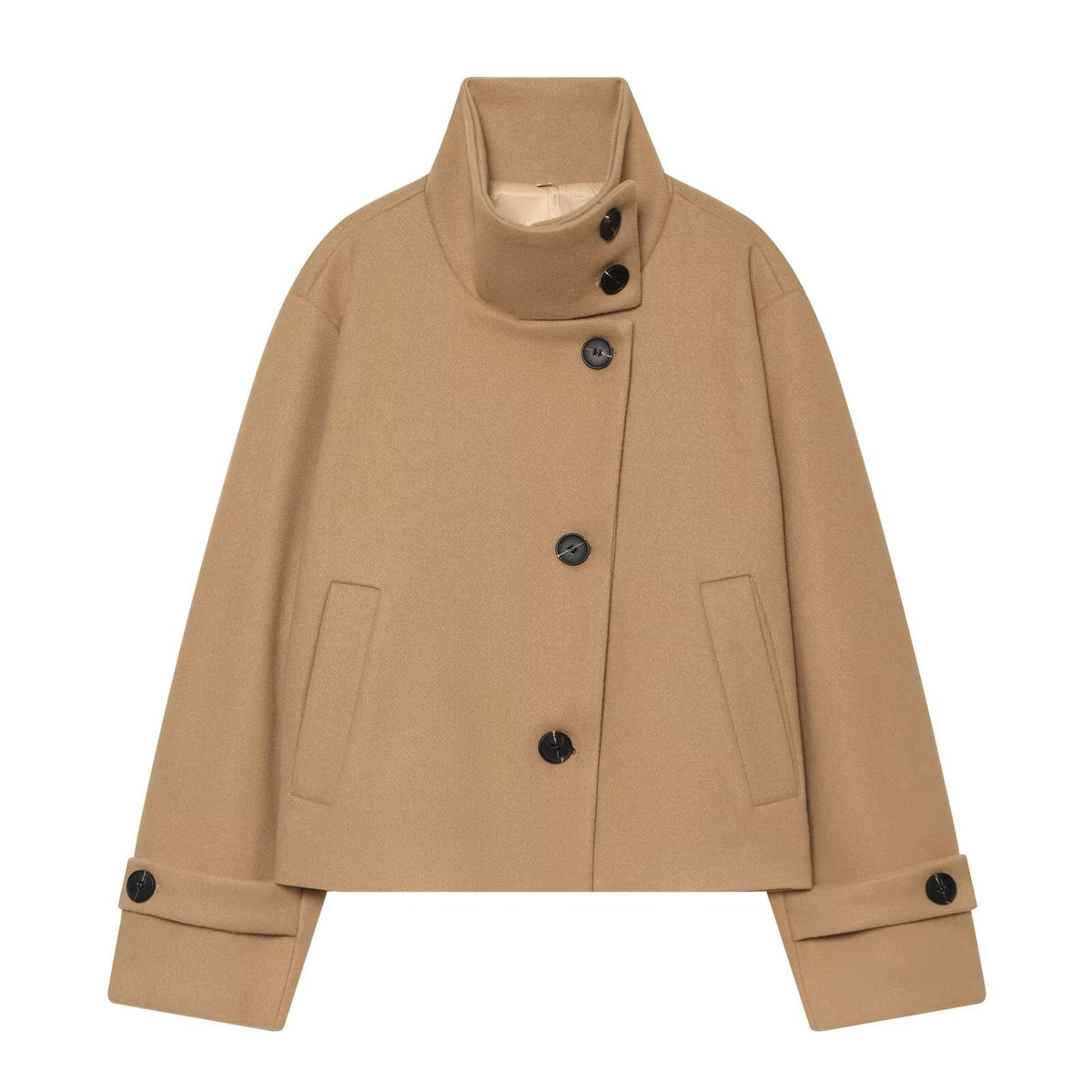 Women's Short Cape Jacket made of Wool Blend with High Roll Neck and Cuff Detail EVA-US