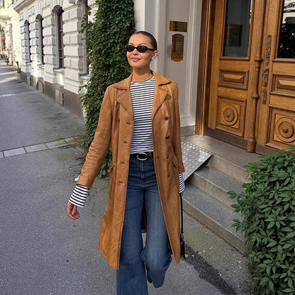 Women's Longer Tailored Leather Trench Coat with Double-Breasted Button Placket and Notched Collar EVA-US