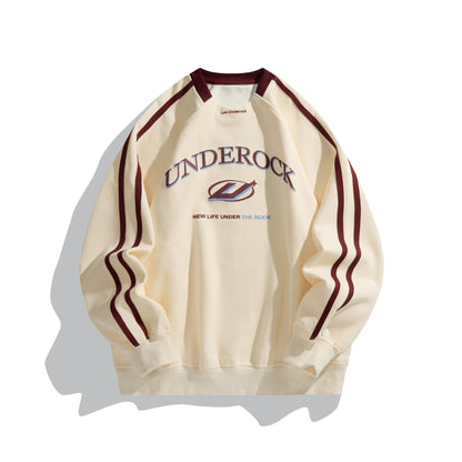 Unisex Oversized Round Neck Sweatshirt with Contrast Stripes and Large Logo Print EVA-US