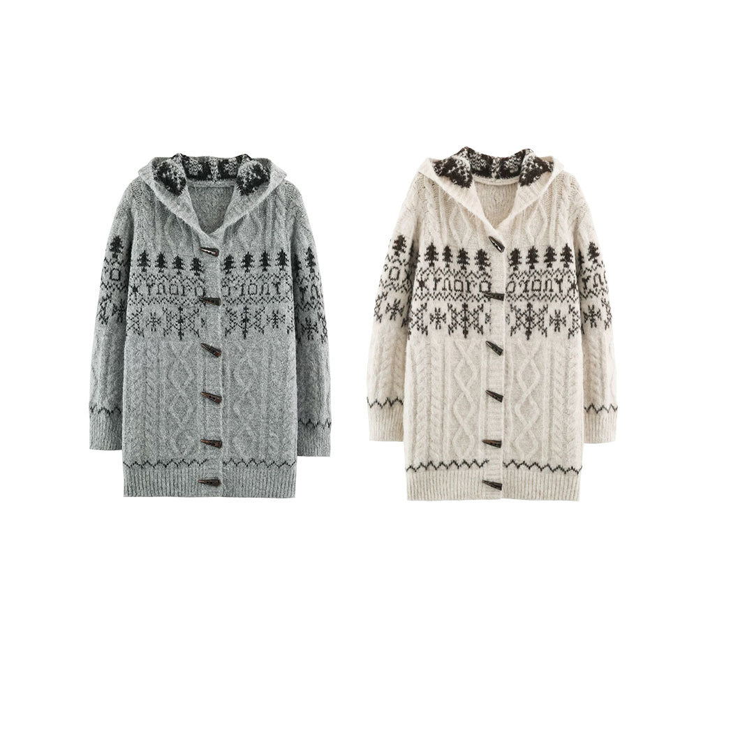 Women's Coarse Knit Hooded Cardigan with Horn Buttons and Norwegian Pattern EVA-US