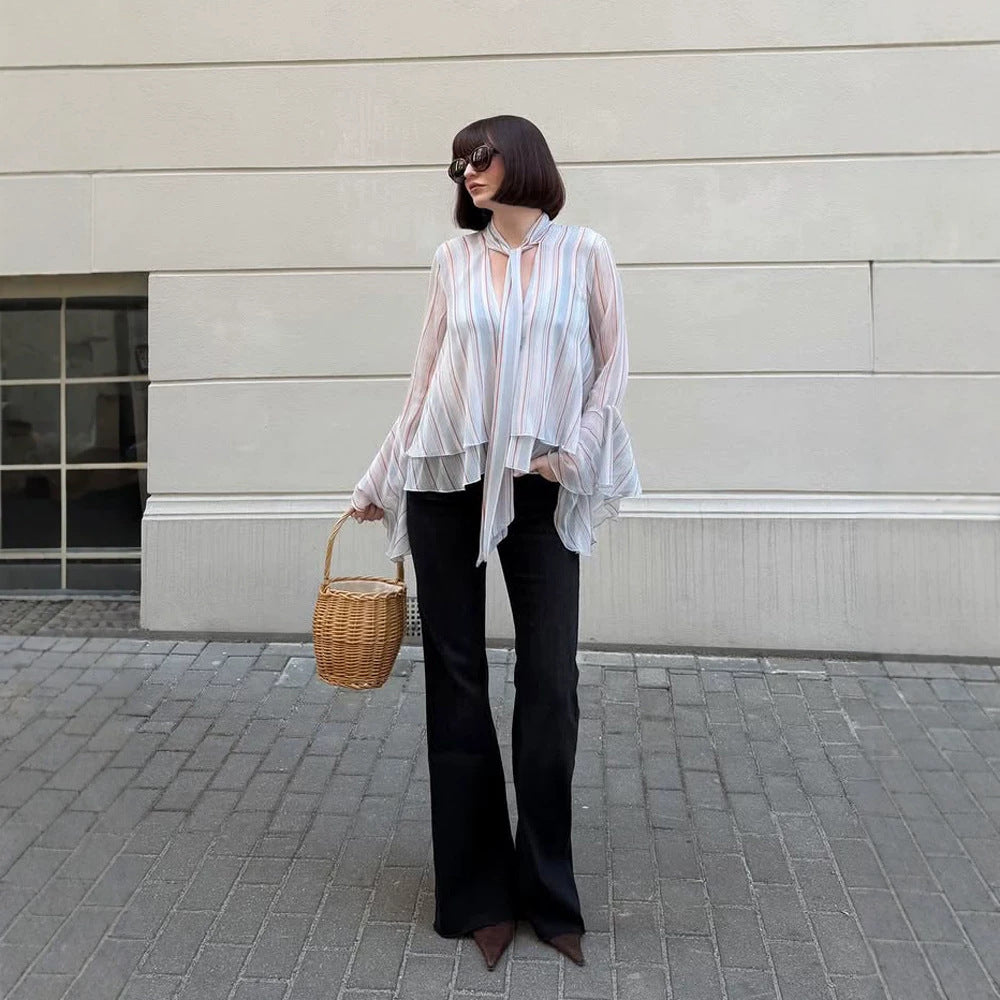 Women's Striped Chiffon Blouse with Tie Bow, Ruffle Hem & Bell Sleeves EVA-US