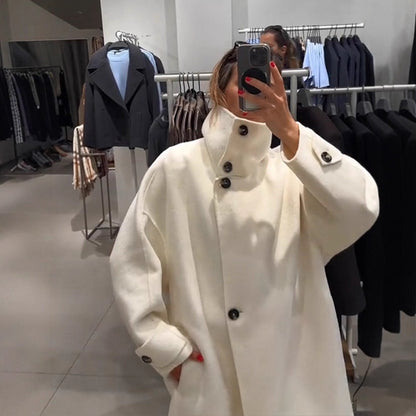 Women's Oversize Wool Blend Coat with Asymmetrical Cut and High Stand Collar EVA-US