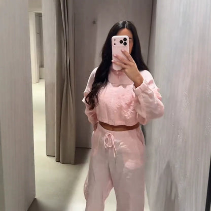Women’s Casual Satin Tracksuit with Short Zipper Top & Wide Drawstring Pants EVA-US