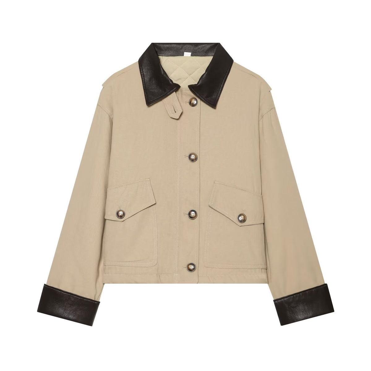 Women's Short Jacket with Contrasted Leather Collar and Cuffed Sleeves EVA-US