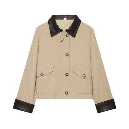 Women's Short Jacket with Contrasted Leather Collar and Cuffed Sleeves EVA-US