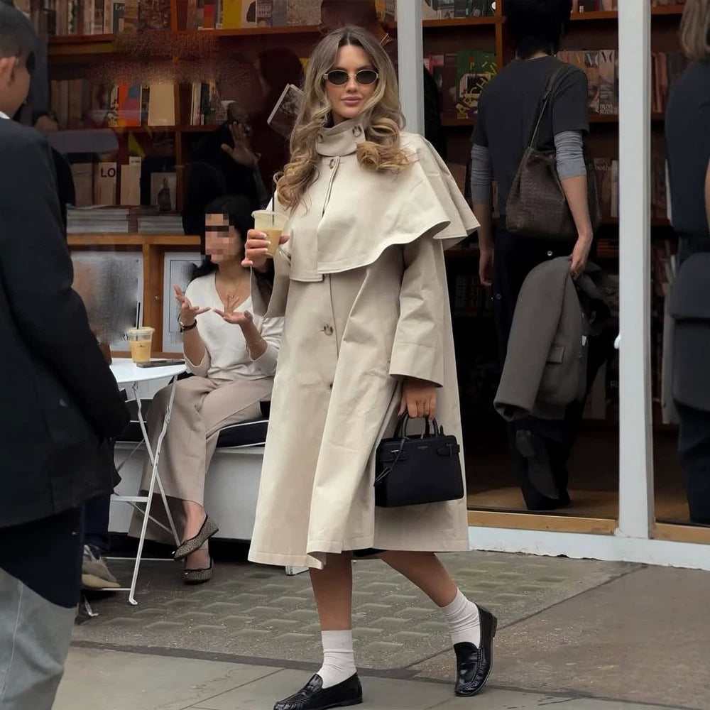 Women's Oversized Trench Coat with Cape Detail and High Stand Collar EVA-US