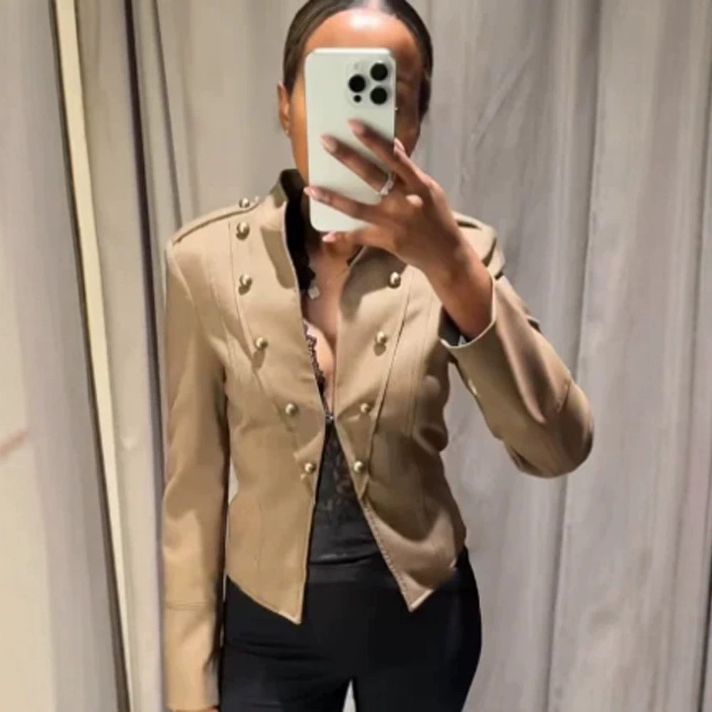 Ladies short blazer in military style with double-breasted decorative buttons EVA-US