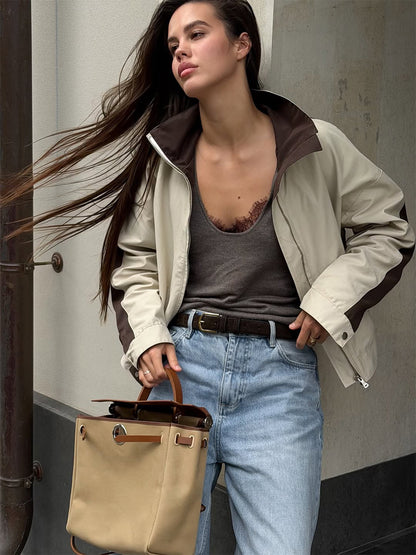 Women's Lightweight Bomber Jacket in Colorblock Style with High Stand-Up Collar EVA-US