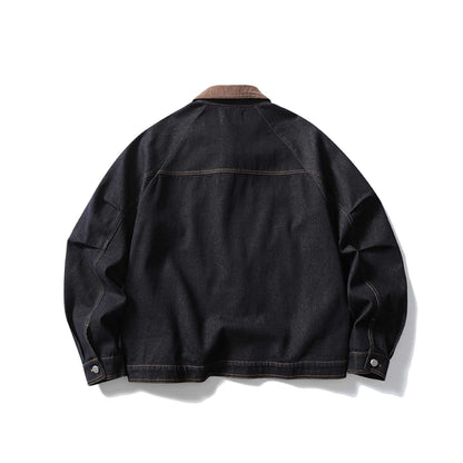 Men's Boxy Denim Jacket with Cord Collar and Snap Button Placket EVA-US