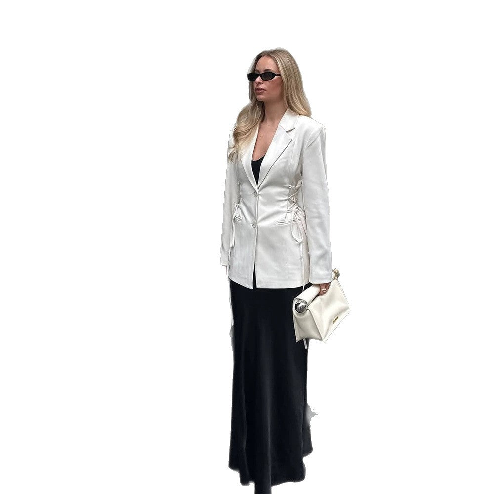 Women's tailored blazer with deep V-neck, zipper front and drawstring detail EVA-US