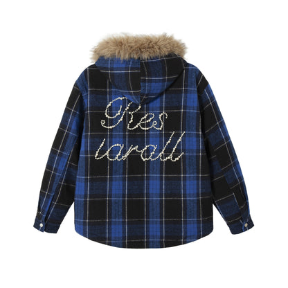 Women's checked wool blend blouson with detachable faux fur collar and pearl appliqué EVA-US