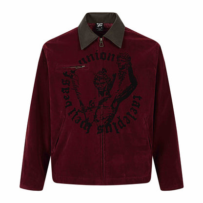Men's velvet bomber jacket with contrast collar, front zipper and graphic print EVA-US