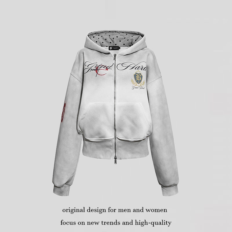 Women's Short-Cut Zip Hoodie made of French Terry with Polka Dot Hood Lining and Emblem Stitch EVA-US