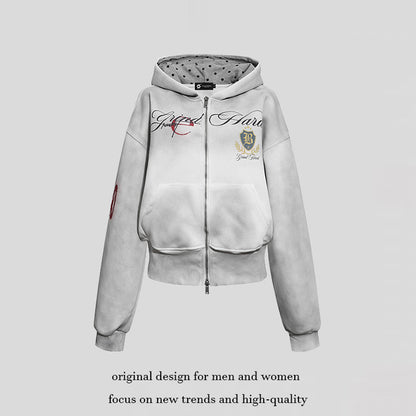 Women's Short-Cut Zip Hoodie made of French Terry with Polka Dot Hood Lining and Emblem Stitch EVA-US