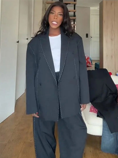 Women Oversized Two-Piece Boxy Blazer and Wide Pleated Trousers with Decorative Stitching EVA-US