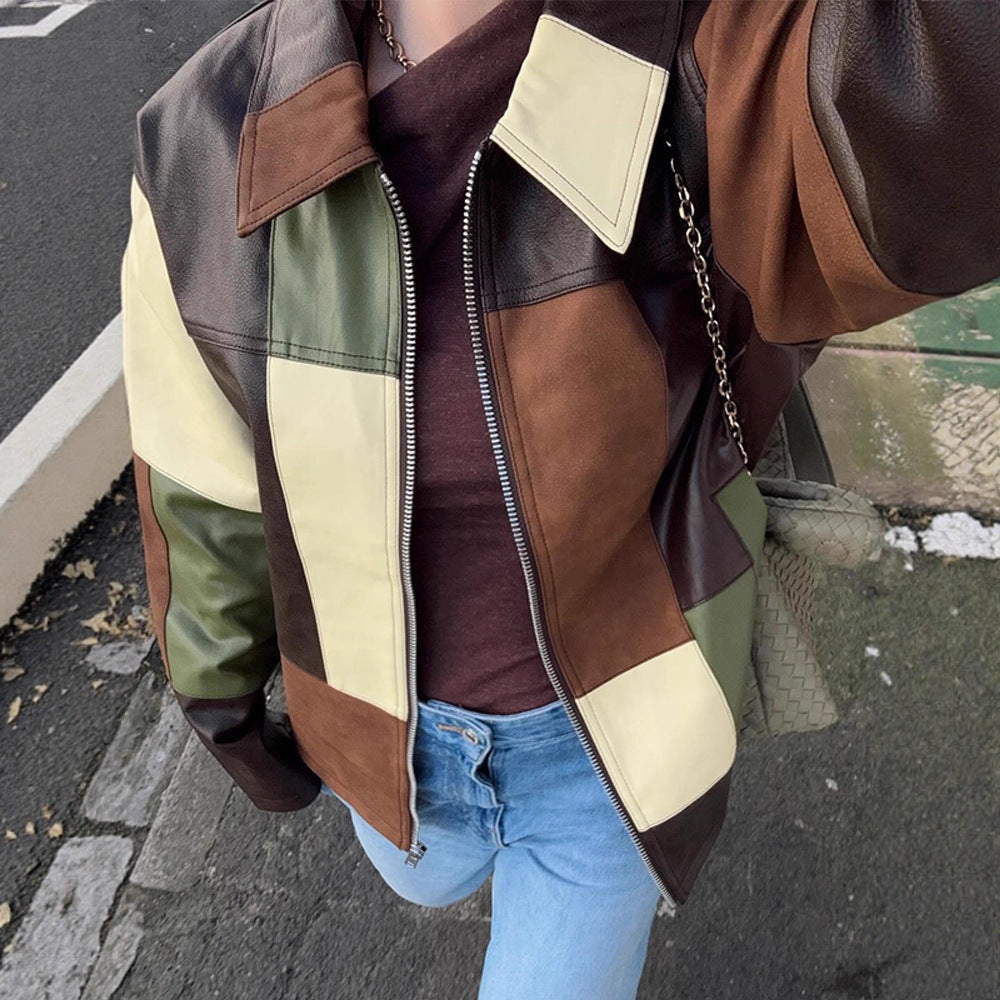 Women Patchwork Leather Jacket with Zipper and Oversize Boxy Cut EVA-US
