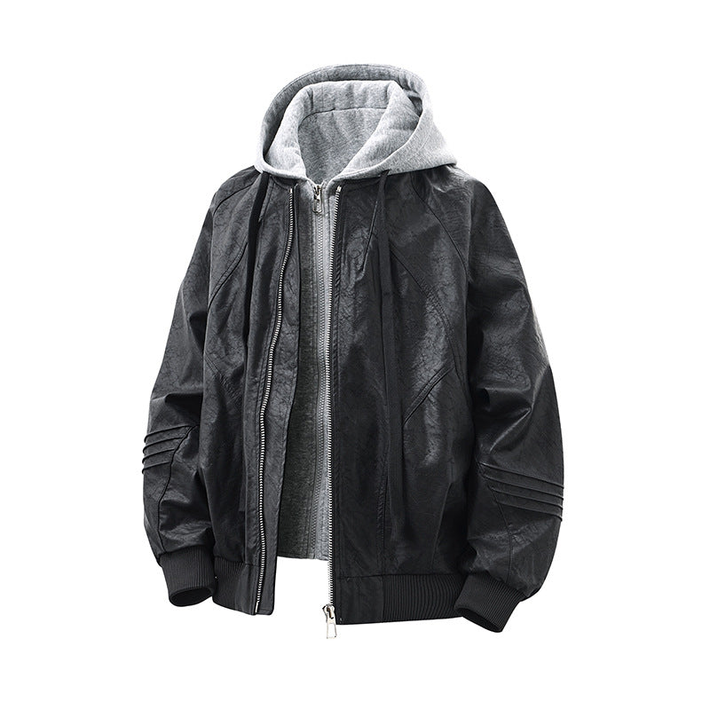 Unisex Wide Cut Faux Leather Bomber Jacket with Contrast Hood and Ribbed Cuffs EVA-US