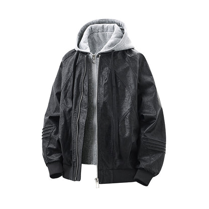 Unisex Wide Cut Faux Leather Bomber Jacket with Contrast Hood and Ribbed Cuffs EVA-US