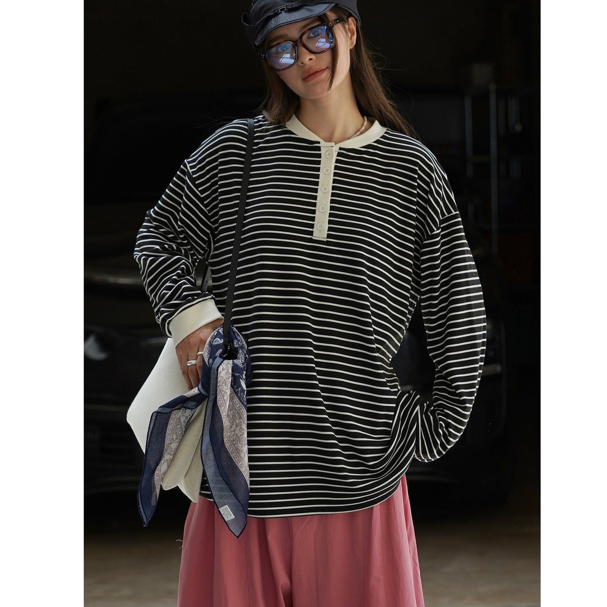 Women's Casual Breton Shirt in Oversized Cut with Henley Placket EVA-US