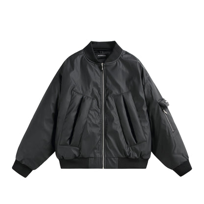 Unisex Short Cut Oversized Puffer Jacket with Utility Arm Pocket and Ribbed Cuffs EVA-US