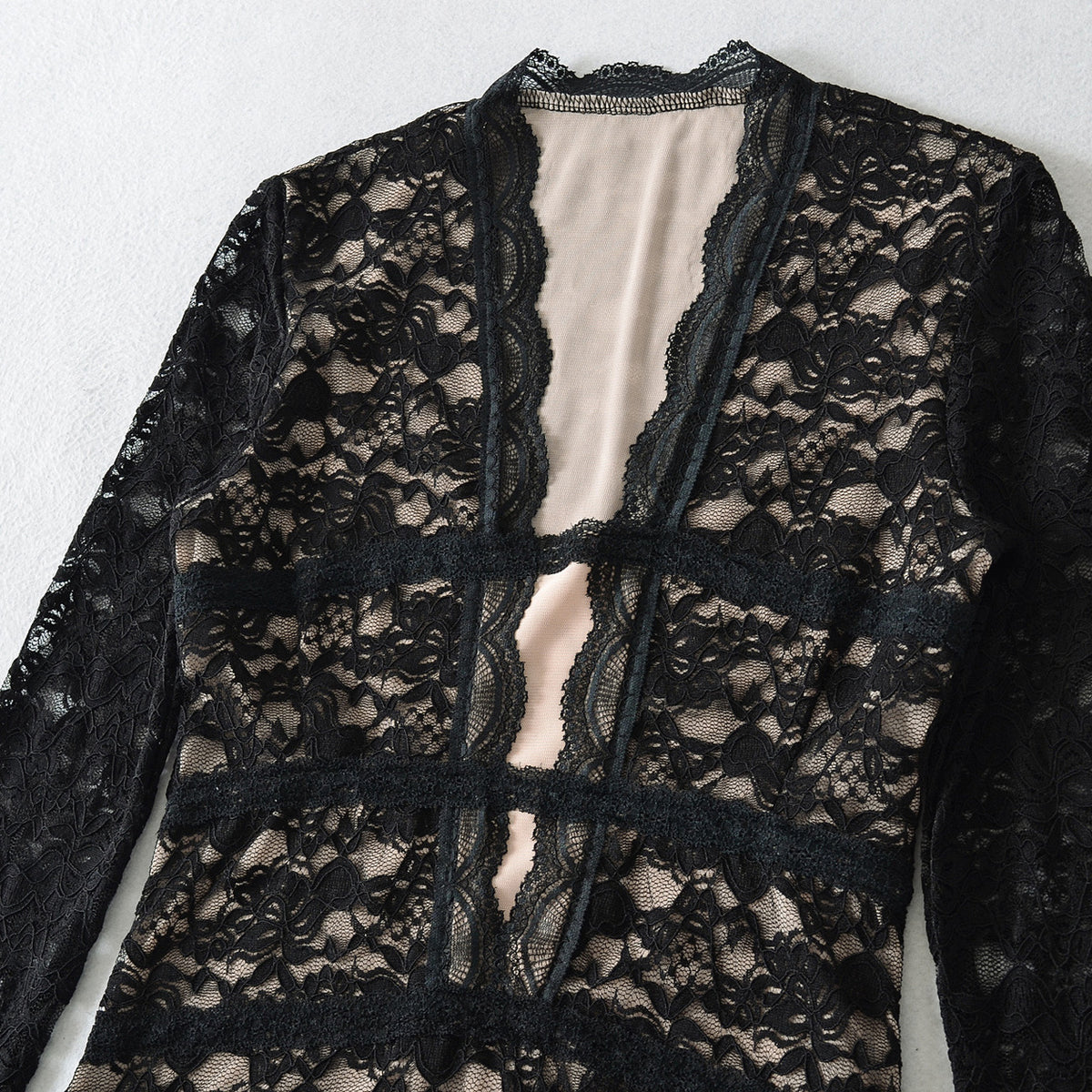 Women's Transparent Lace Blouse with V-Neck, Tailored Inserts and Long Sleeves EVA-US