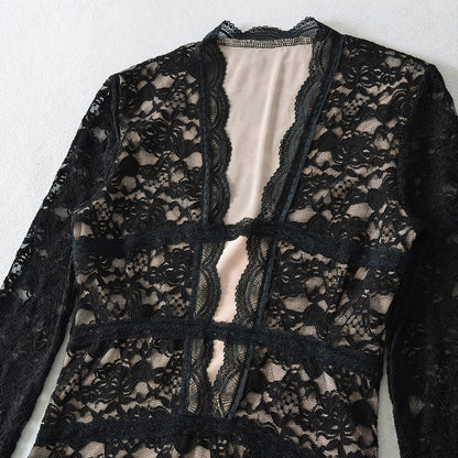 Women's Transparent Lace Blouse with V-Neck, Tailored Inserts and Long Sleeves EVA-US