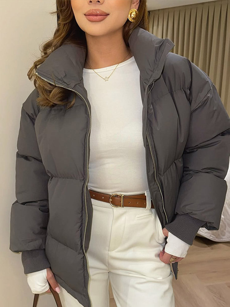 Women Short Tailored Puffer Jacket with Ribbed Cuffs and High Stand-Up Collar EVA-US