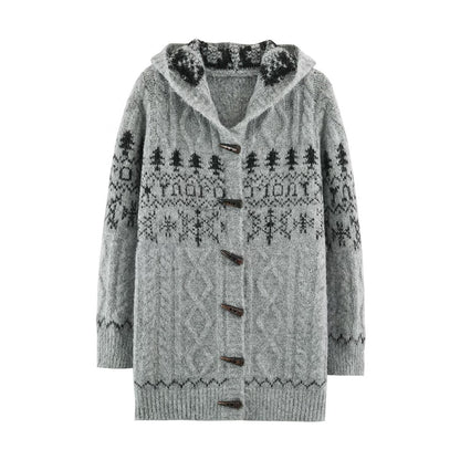 Women's Coarse Knit Hooded Cardigan with Horn Buttons and Norwegian Pattern EVA-US