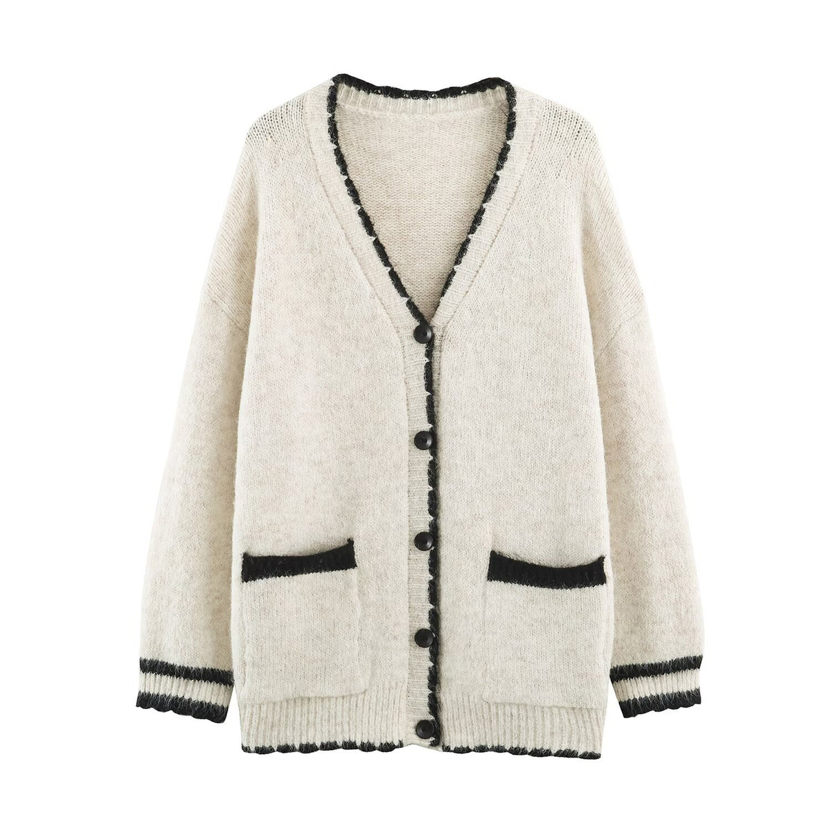 Women's Oversize Knit Cardigan with V-Neck, Button Placket and Contrasting Decorative Edges EVA-US