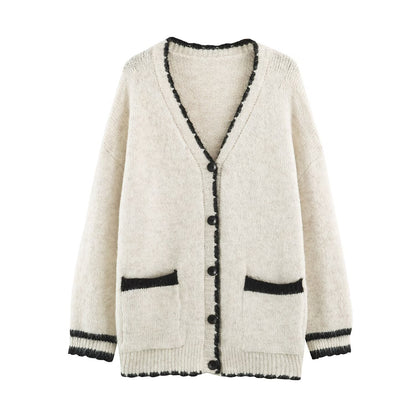 Women's Oversize Knit Cardigan with V-Neck, Button Placket and Contrasting Decorative Edges EVA-US