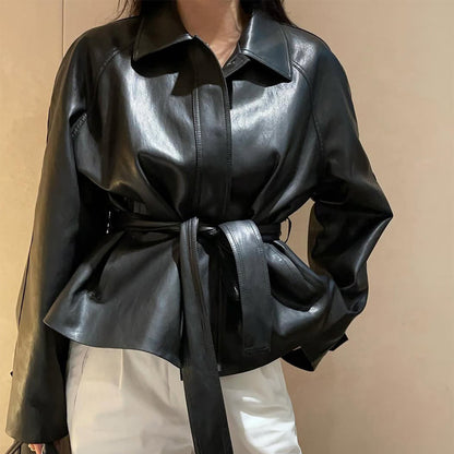 Women Tailorable Faux Leather Jacket with Wrap Belt and Boxy Silhouette EVA-US