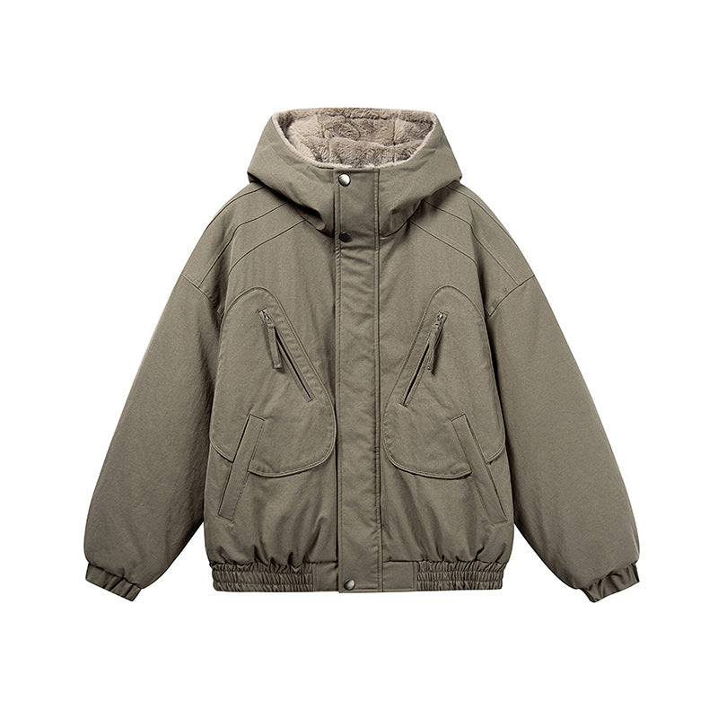 Unisex Short Cut Insulated Jacket in Boxy Cut with Teddy Inner Lining and Diagonally Inserted Zipper Pockets EVA-US