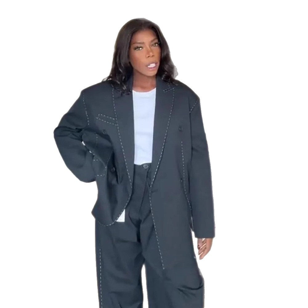 Women Oversized Two-Piece Boxy Blazer and Wide Pleated Trousers with Decorative Stitching EVA-US