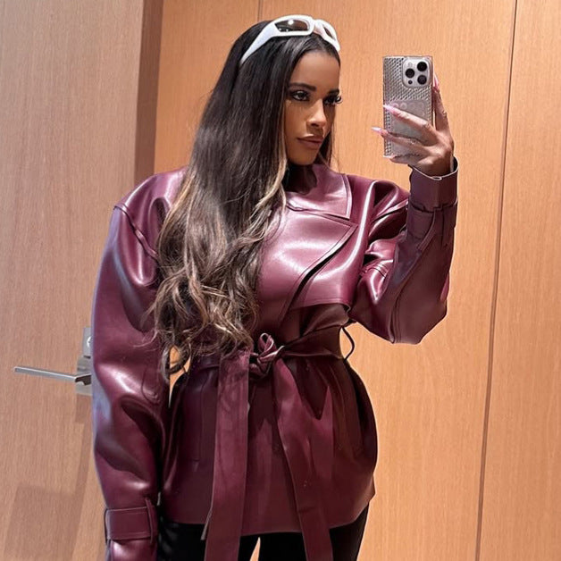 Women Tailored Faux Leather Blouson with Tie Belt and Voluminous Shoulder Section EVA-US