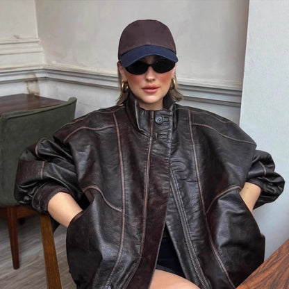 Ladies Oversize Faux Leather Coat with Distinctive Decorative Seams and Stand-Up Collar EVA-US