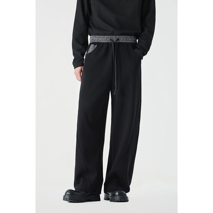 Women's Cropped Relaxed Jogging Pants with Elastic Drawstring, Check Detail, and Decorative Seams